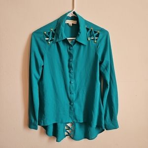 Nicki Minaj Green Studded Shoulder Button Down Blouse size xs
